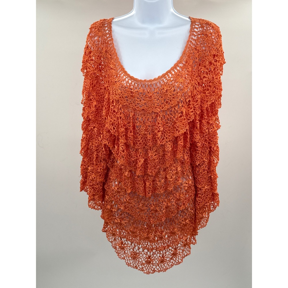 Ania A Orange Crochet Knit Tiered Ruffle Floral Top L/XL Rayon Boho Scoop Neck - Picture 2 of 10